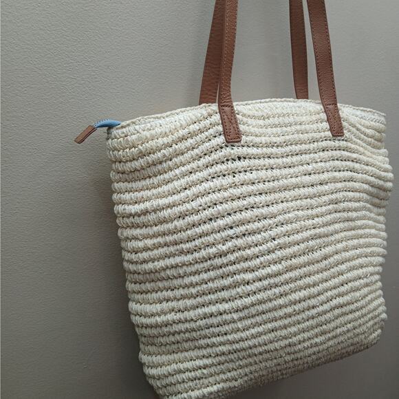 Talbots Leather Trim Straw Shoulder Tote Bag Boho Beach Vacation Coastal Cruise - Picture 14 of 15